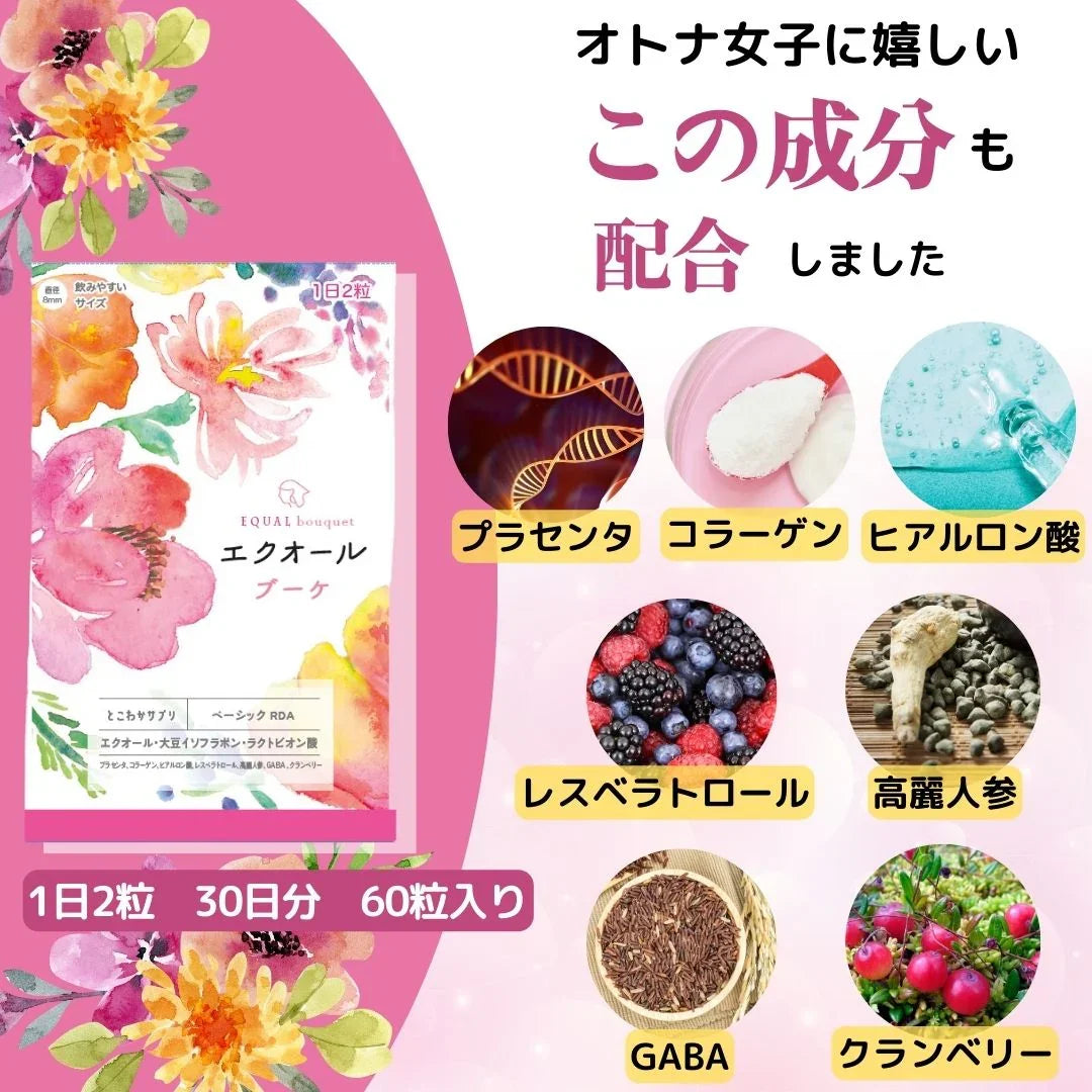 エクオール イソフラボン ラクトビオン酸 60粒入 30日分 更に7つの副原料も配合